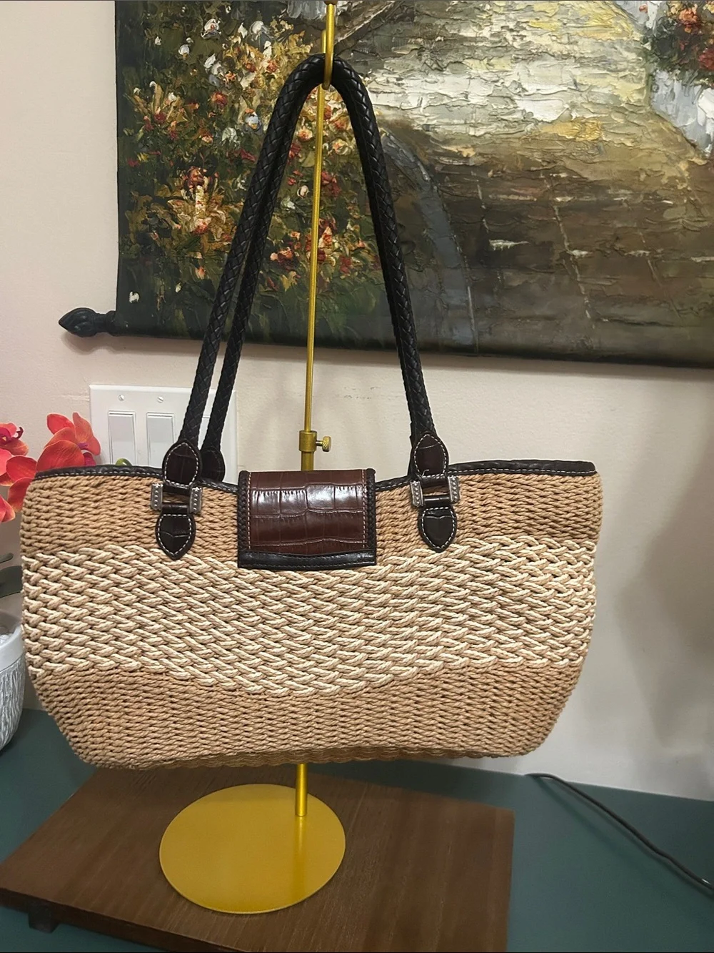Brighton Natural Straw Tote with Brown Leather Trim and Heart Charm